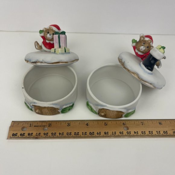 Vtg 2 Homco Christmas Holiday Teddy Bears Trinket Box Round Porcelain w Lid Deco - Picture 7 of 11